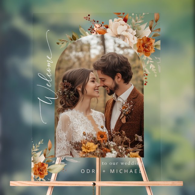 Fall Arch Modern Photo Wedding Welcome Acrylic Sign (Neutral)