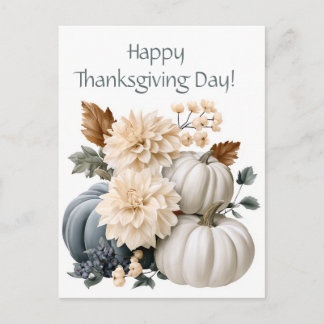 Fall arrangement with pumpkins and flowers  holiday postcard