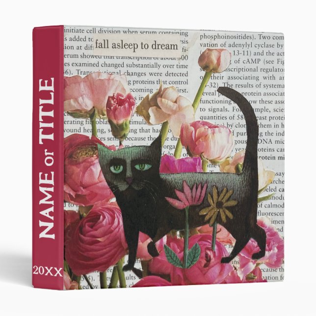 Fall Asleep to Dream Black Cat Hot Pink Flowers Binder (Front/Spine)