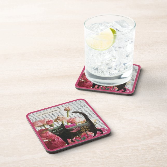 Fall Asleep to Dream Black Cat Hot Pink Flowers Coaster (Right Side)