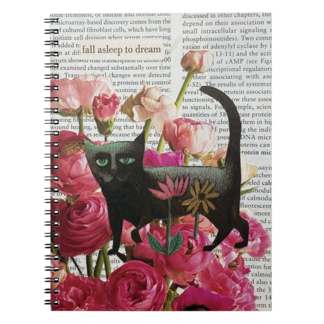 Fall Asleep to Dream Black Cat Hot Pink Flowers Notebook (Front)