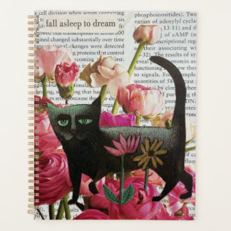 Fall Asleep to Dream Black Cat Hot Pink Flowers Planner