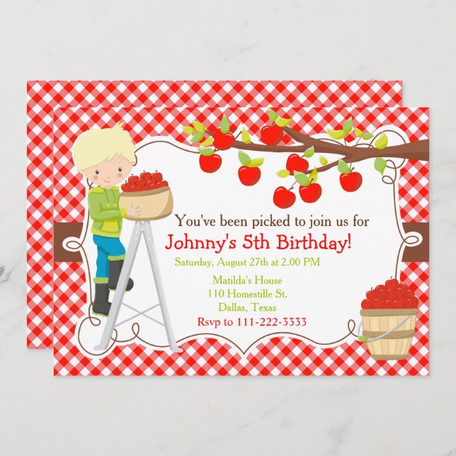 Fall Autumn Apple Picking Blonde Birthday Invitation (Front/Back)