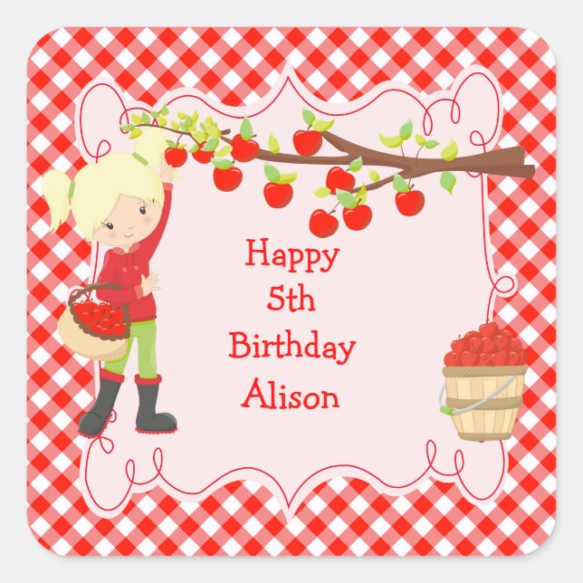 Fall Autumn Apple Picking Blonde Birthday Party Square Sticker (Front)