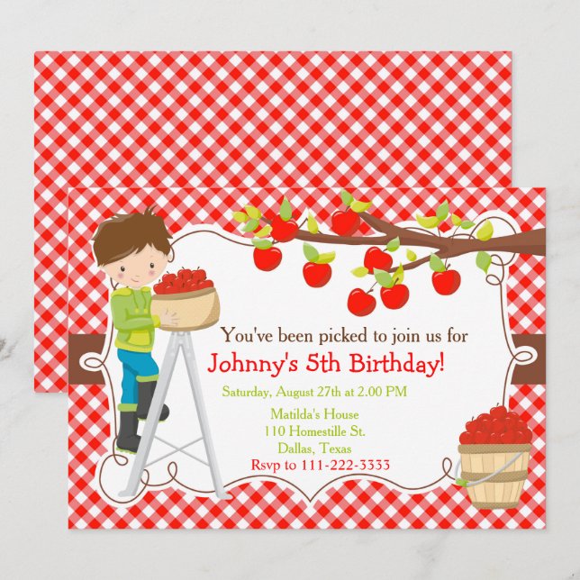 Fall Autumn Apple Picking Brunette Birthday Invitation (Front/Back)