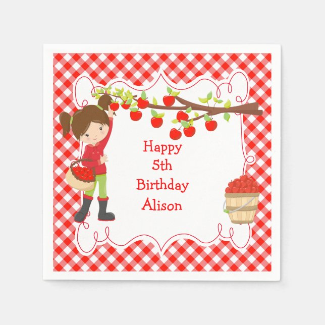 Fall Autumn Apple Picking Brunette Birthday Party Napkin (Front)