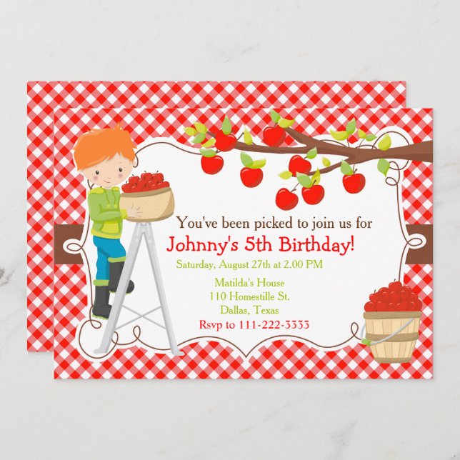Fall Autumn Apple Picking Red Hair Birthday Invitation (Front/Back)