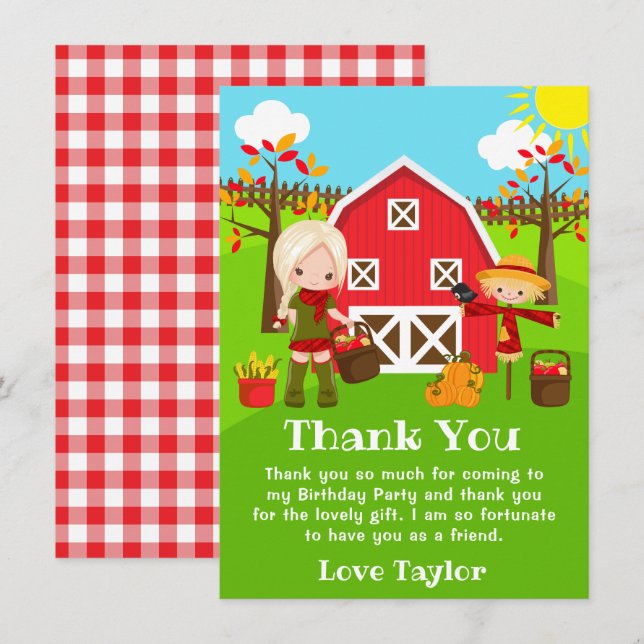 Fall Autumn Barnyard Birthday Blonde Hair Girl Thank You Card (Front/Back)