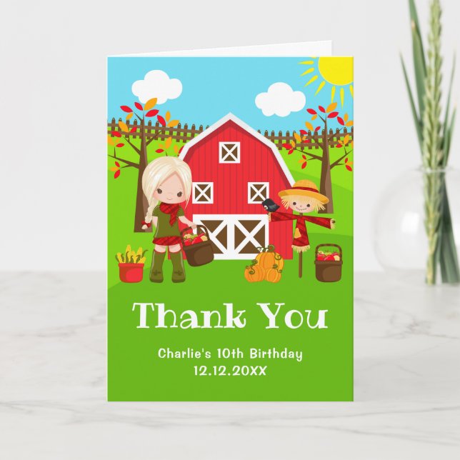 Fall Autumn Barnyard Birthday Blonde Hair Girl Thank You Card (Front)