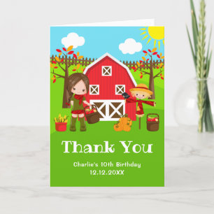 Fall Autumn Barnyard Birthday Brown Hair Girl Thank You Card