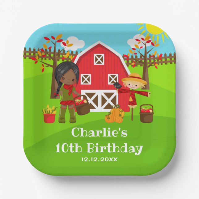 Fall Autumn Barnyard Birthday Dark Skin Girl Paper Plate (Front)