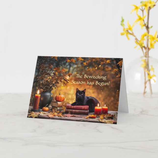 Fall Autumn Bewitching Season Black Cat Magic Book Card (Yellow Flower)
