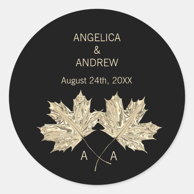 Fall Autumn Black Gold FALL IN LOVE Wedding Classic Round Sticker (Front)