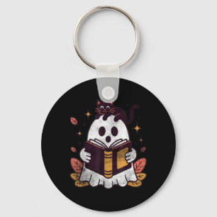 Fall Autumn Book Ghost Reading Halloween Black Cat Keychain