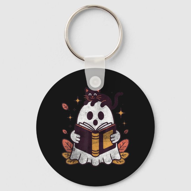 Fall Autumn Book Ghost Reading Halloween Black Cat Keychain (Front)