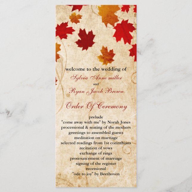 fall autumn brown leaves wedding program (Front)