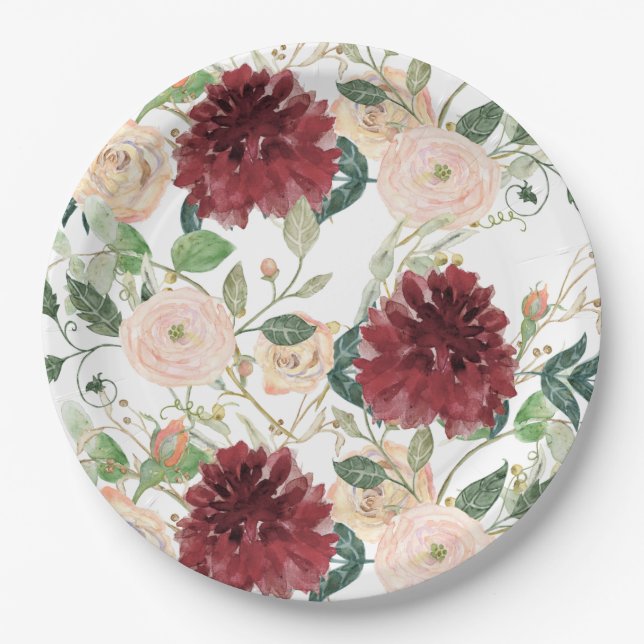 Fall Autumn Burgundy Chrysanthemum Blush Pink Rose Paper Plate (Front)