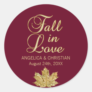 Fall Autumn Burgundy Gold FALL IN LOVE Wedding Classic Round Sticker