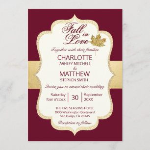 Fall Autumn Burgundy Gold FALL IN LOVE Wedding Invitation