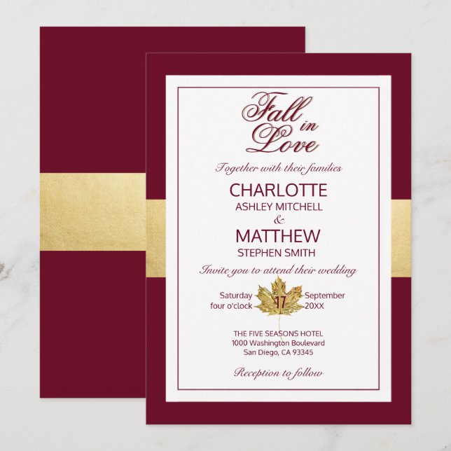 Fall Autumn Burgundy Gold FALL IN LOVE Wedding Invitation (Front/Back)