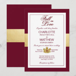 Fall Autumn Burgundy Gold FALL IN LOVE Wedding Invitation