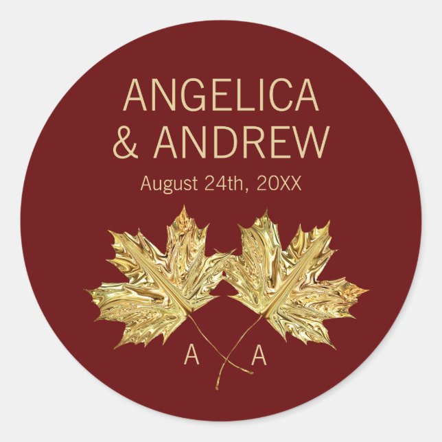 Fall Autumn Burgundy Gold Maple Leaf Wedding Classic Round Sticker (Front)
