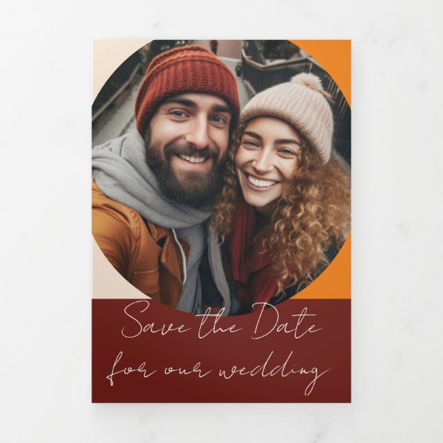 Fall Autumn Burnt Orange Rust Save the Day  Tri-Fold Invitation (Cover)