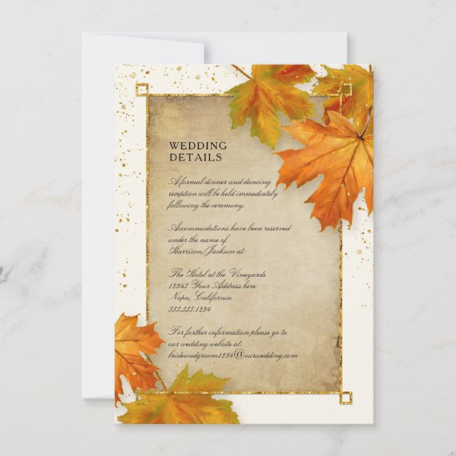 Fall Autumn Falling Leaf Elegant Wedding Details Invitation (Front)