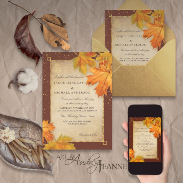 Fall Autumn Falling Leaf Leaves Elegant Wedding Invitation (Creator Uploaded)