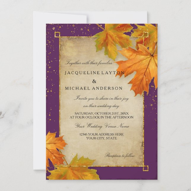 Fall Autumn Falling Leaf Leaves Elegant Wedding Invitation (Front)