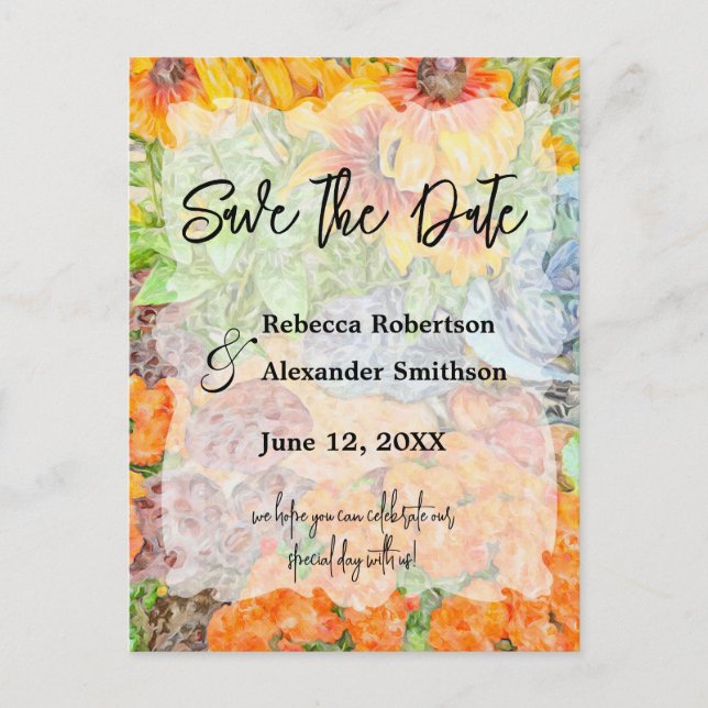 Fall Autumn Floral Colours Wedding Save the Date Postcard (Front)