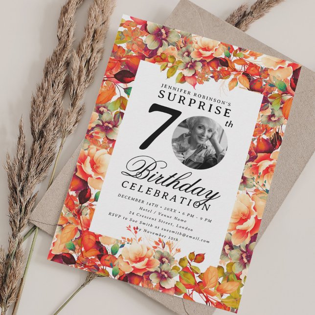 Fall Autumn Floral Photo SURPRISE 70th Birthday  Invitation (Creator Uploaded)