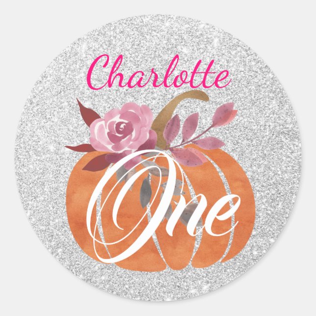 Fall Autumn Floral Pumpkin 1st Birthday One Silver Classic Round Sticker (Front)