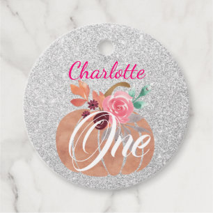 Fall Autumn Floral Pumpkin 1st Birthday One Silver Favour Tags