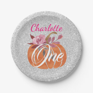 Fall Autumn Floral Pumpkin 1st Birthday One Silver Paper Plate