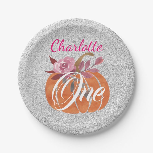 Fall Autumn Floral Pumpkin 1st Birthday One Silver Paper Plate (Front)