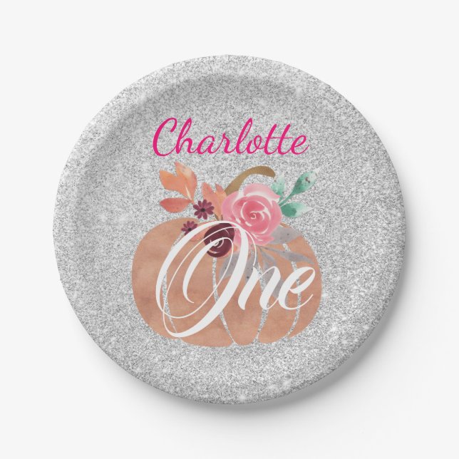 Fall Autumn Floral Pumpkin 1st Birthday One Silver Paper Plate (Front)