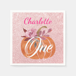 Fall Autumn Floral Pumpkin 1st Birthday Rose Gold Napkin