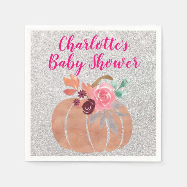 Fall Autumn Floral Pumpkin Baby Shower Pink Silver Napkin (Front)