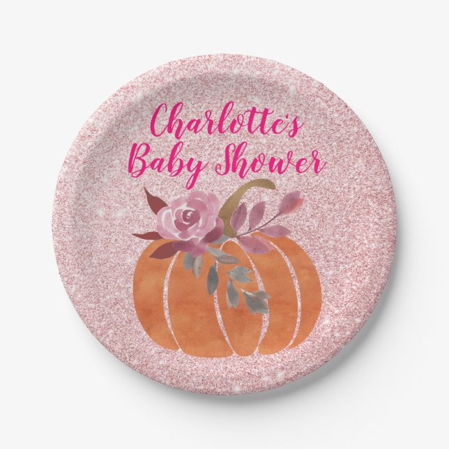 Fall Autumn Floral Pumpkin Baby Shower Rose Gold Paper Plate (Front)