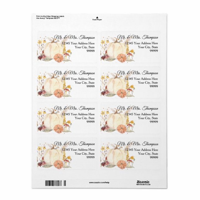 Fall Autumn Floral White Pumpkin Return Address (Full Sheet)
