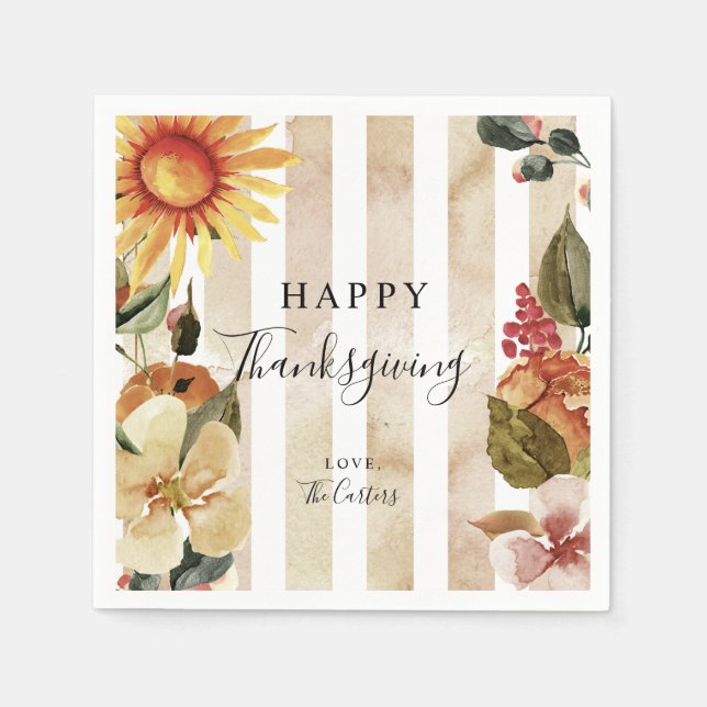 Fall Autumn Flowers Happy Thanksgiving Elegant Napkin (Front)