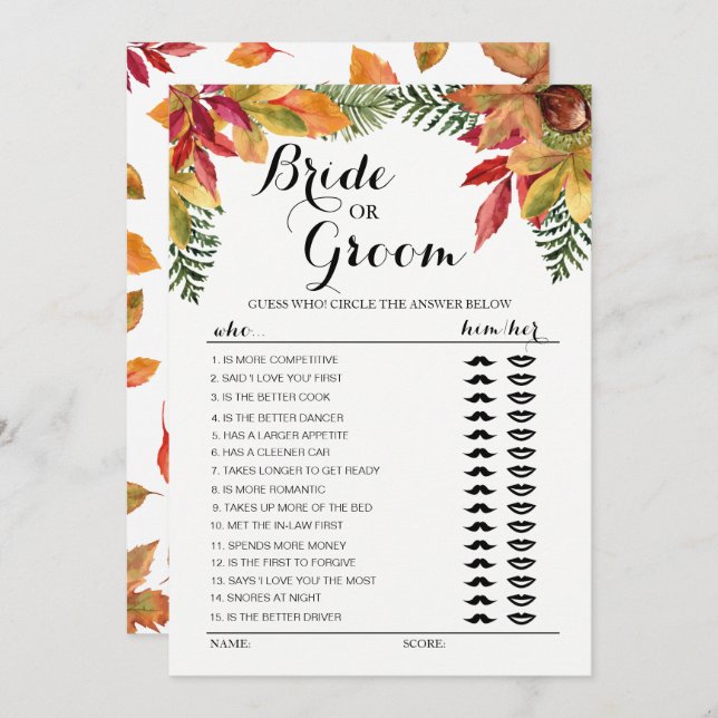 Fall Autumn foliage Bride or Groom game editable Invitation (Front/Back)