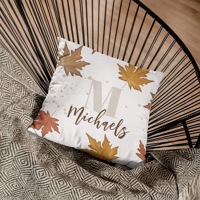 Fall Autumn Foliage Fall Leaves Monogram Simple  Throw Pillow (Elegant simple Fall and Autumn leaves with monogram and name. )