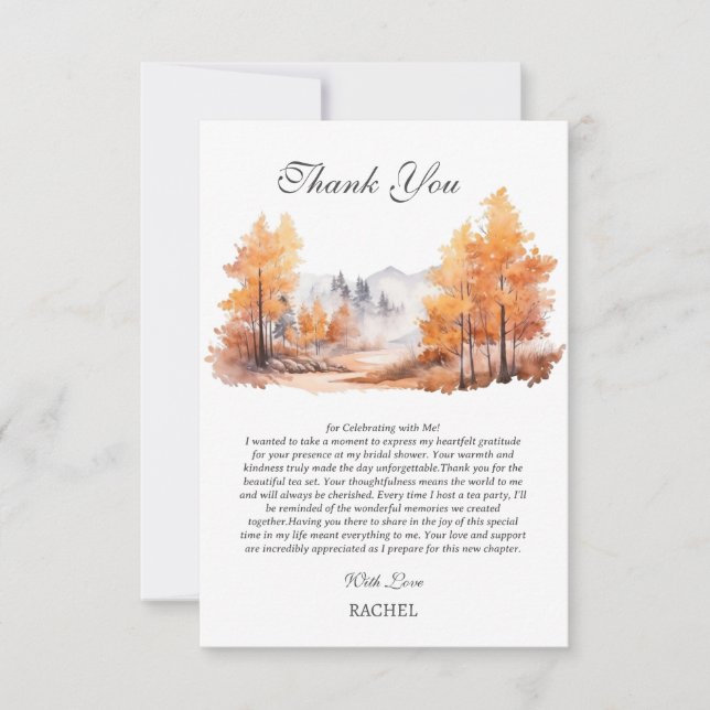 Fall Autumn Forest Scene Bridal Shower Thank You Card (Front)