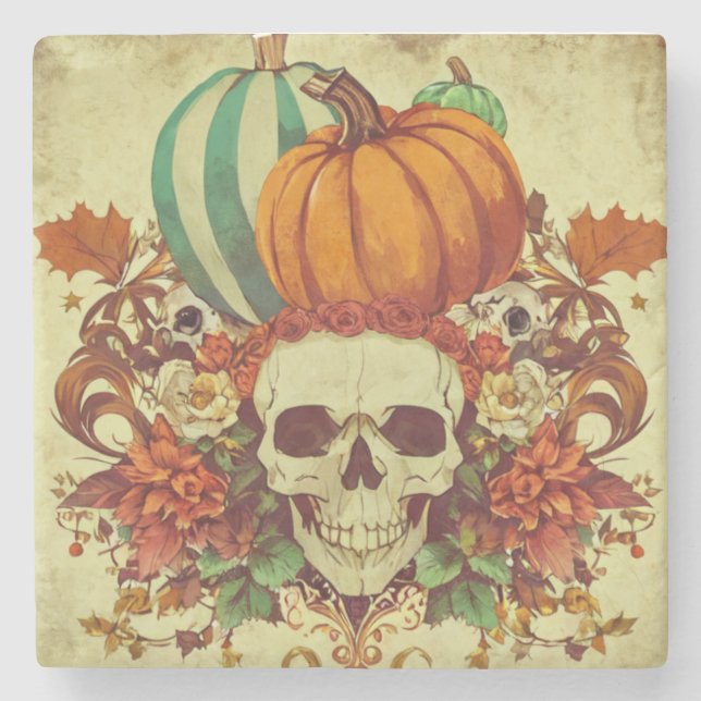 Fall/Autumn/Halloween/pumpkin/skeleton  Stone Coaster (Front)