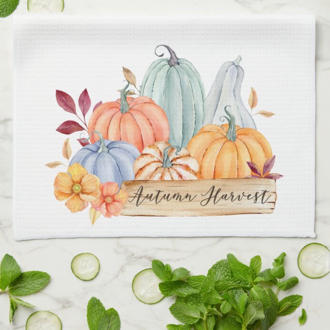 Fall Autumn Harvest Green Pumpkins Kitchen Towel (Folded)