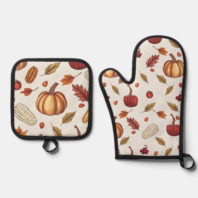 Fall Autumn Harvest Thanksgiving Apron Oven Mitt & Pot Holder Set (Front)
