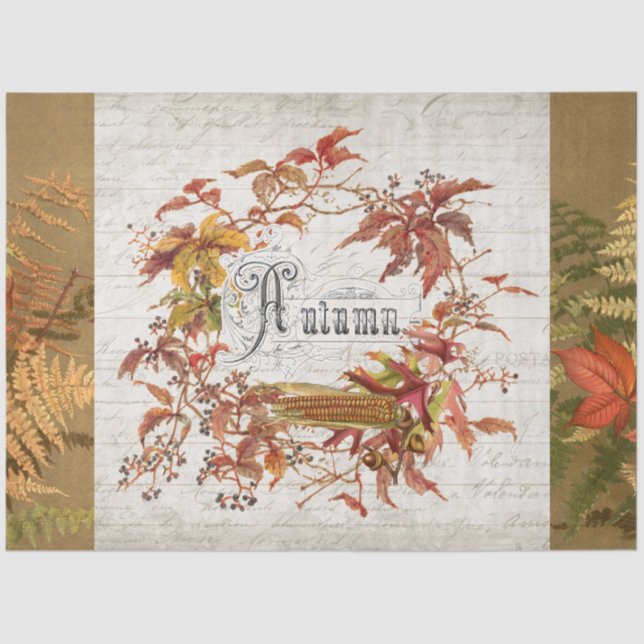 Fall Autumn Leaf Wreath Script Ephemera Decoupage Tissue Paper (Front)