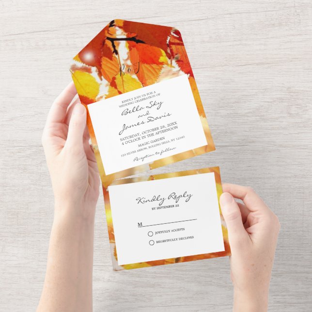 Fall Autumn Leafs All in One Wedding Invitation (Tearaway)